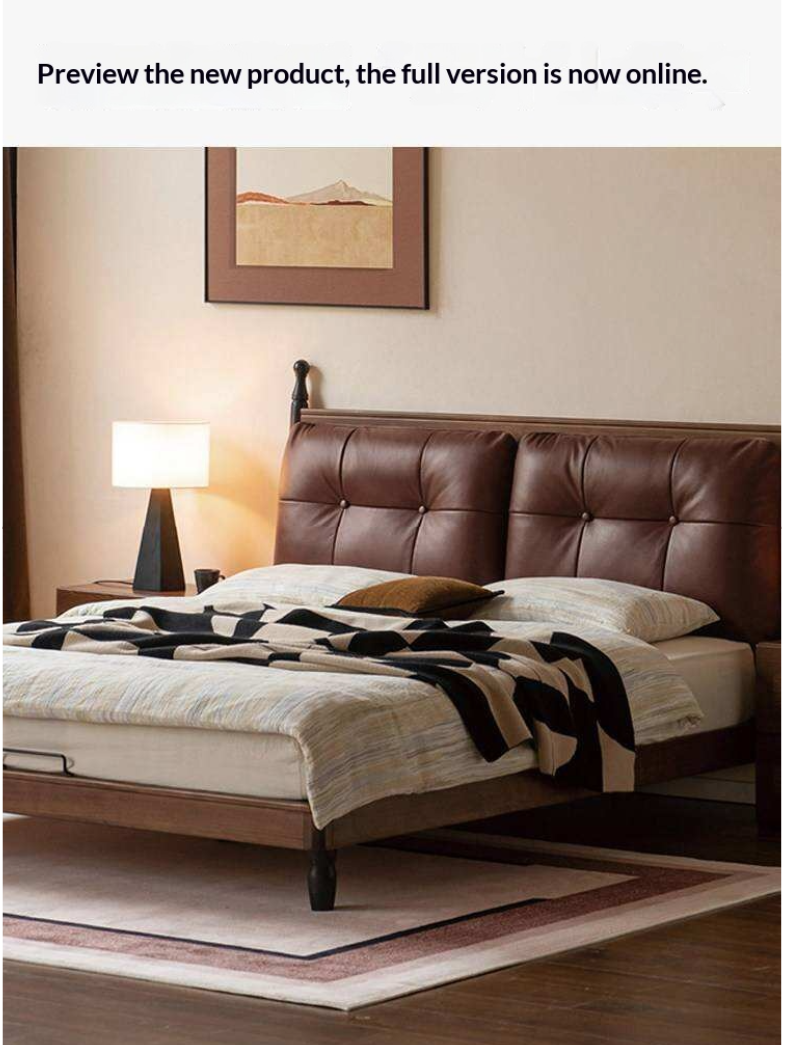 Black Walnut Solid Wood Leather Four Poster Bed with Tufted Headboard