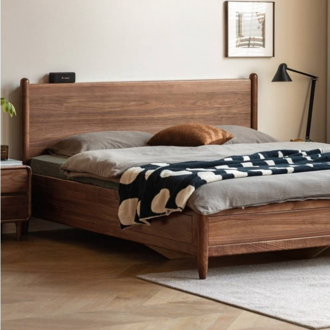 Black Walnut Solid Wood Adjustable Storage Bed with Flat Panel Headboard