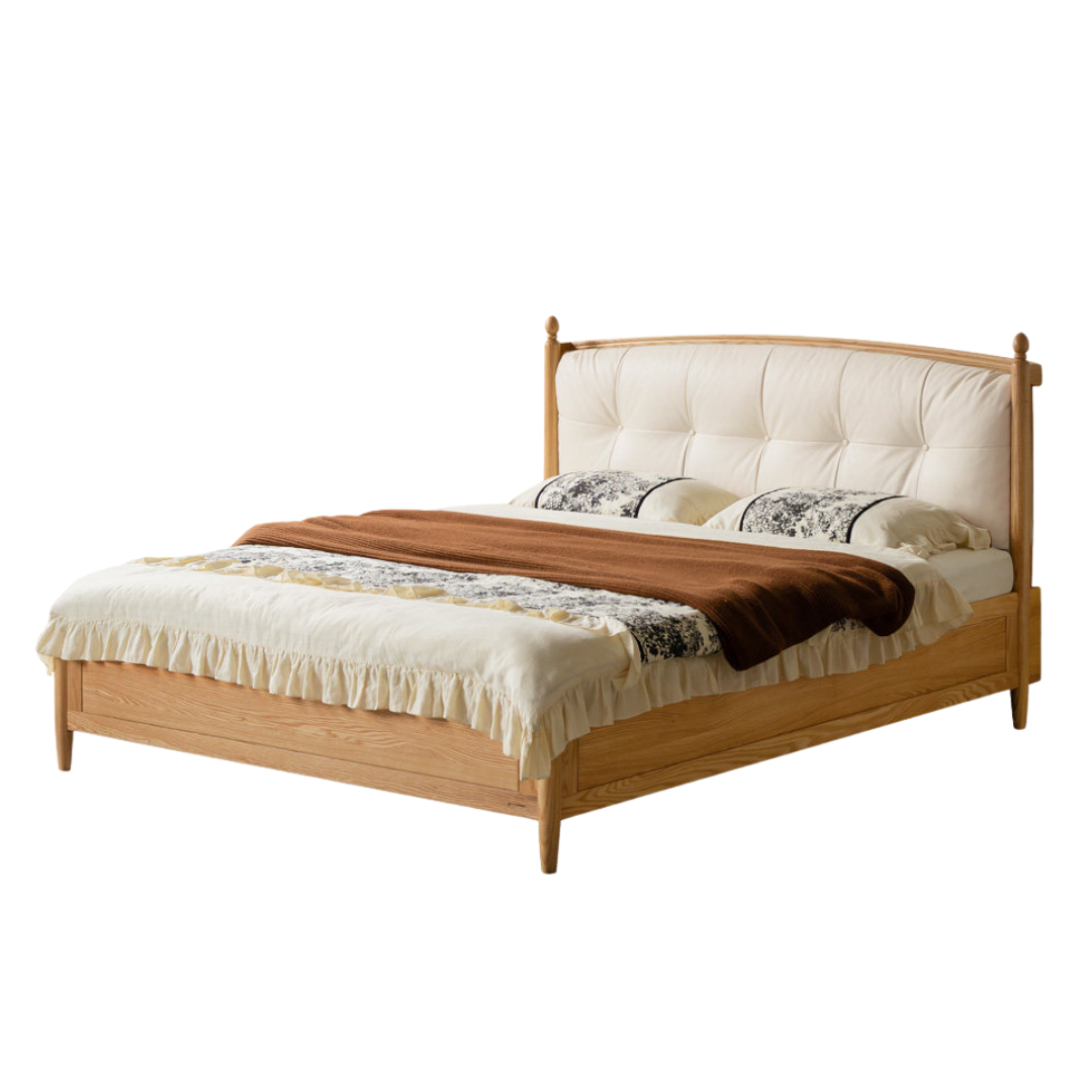 Oak,  Ash Solid Wood Bed — Modern Minimalist with Genuine Leather and Soft Headboard