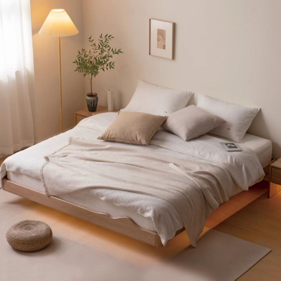 Ash Solid Wood Suspended Platform Bed, Headboard-Free Bed