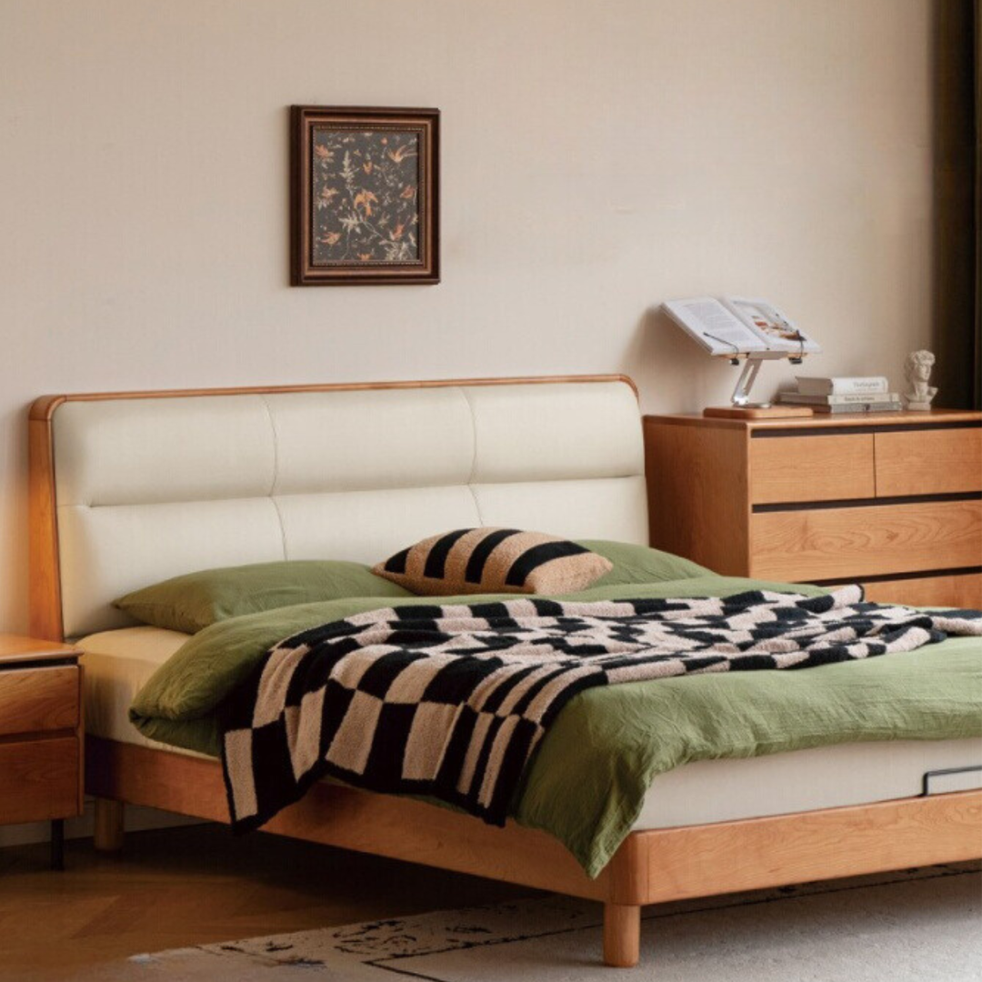 Cherry Solid Wood Bed with Retro Edge and Soft Headboard