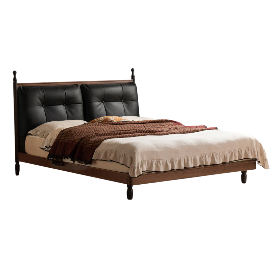 Black Walnut Solid Wood Leather Four Poster Bed with Tufted Headboard