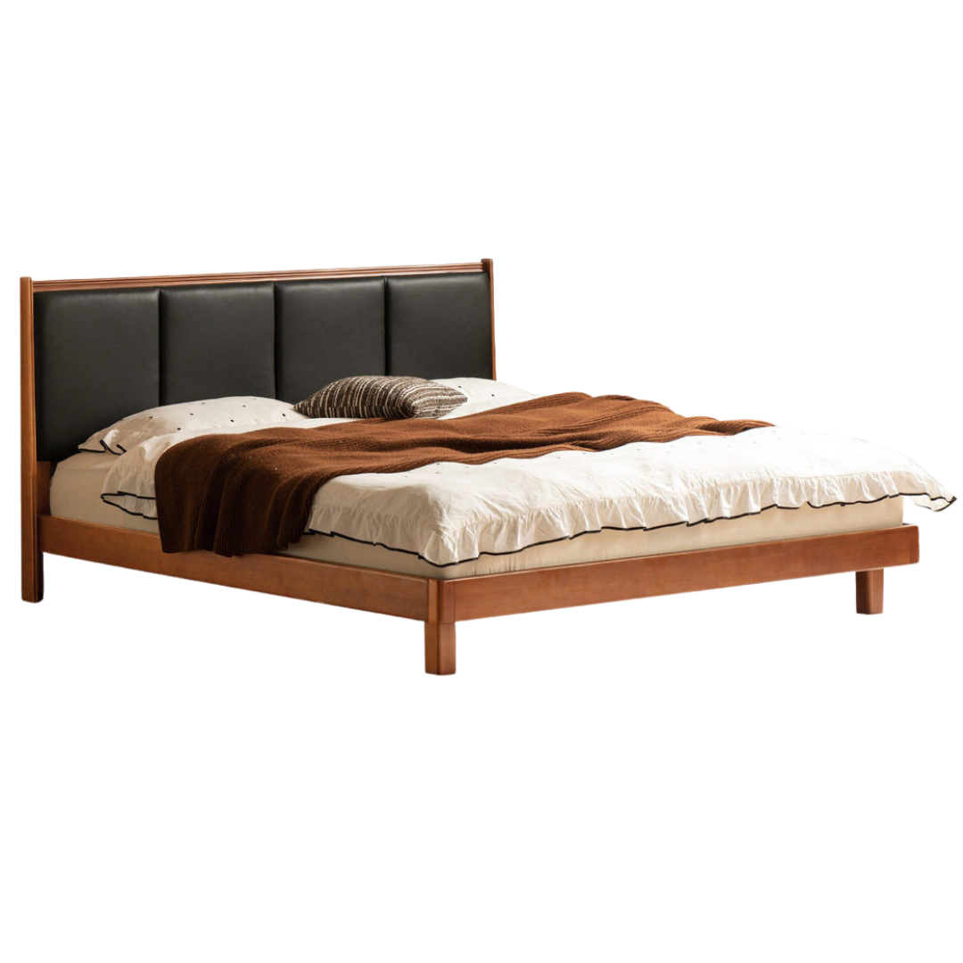 Poplar Solid Wood Mid-Century Piano Key Bed with Leather Upholstered Headboard