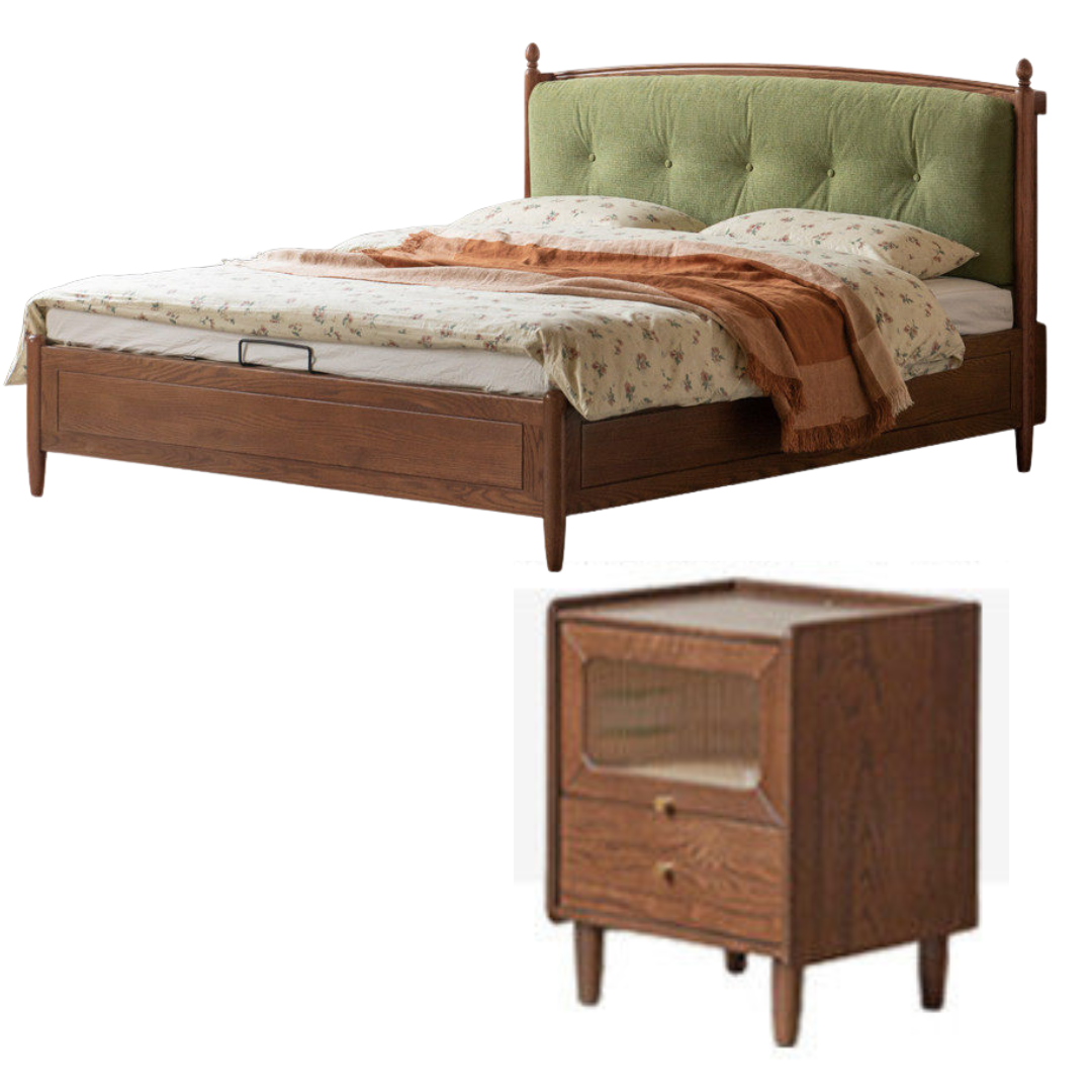 Oak Solid Wood French Country Tufted Storage Bed with Gas Lift and Turned Posts