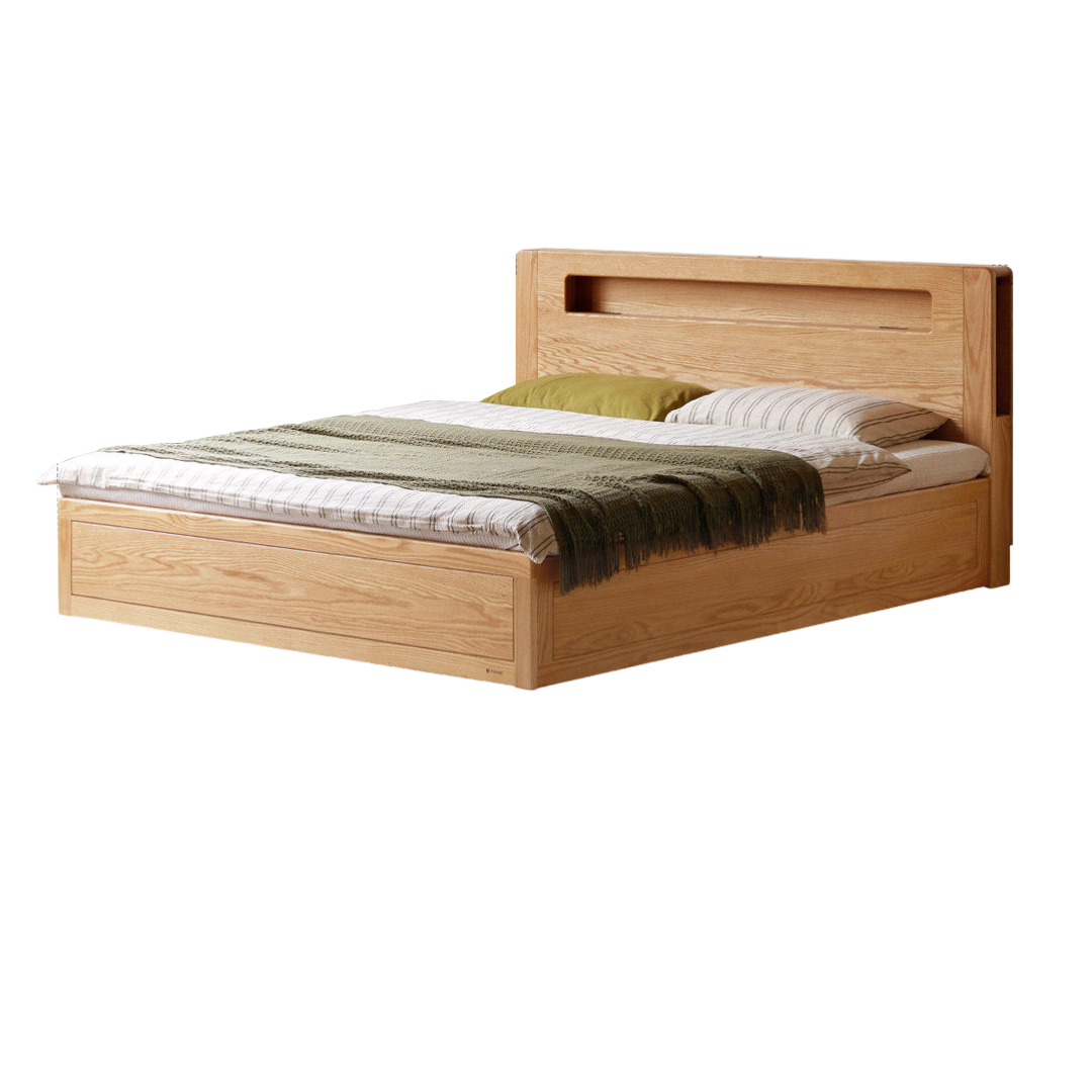 Oak Solid Wood Storage Bed with Bookcase Headboard and Built-In Desk Setup