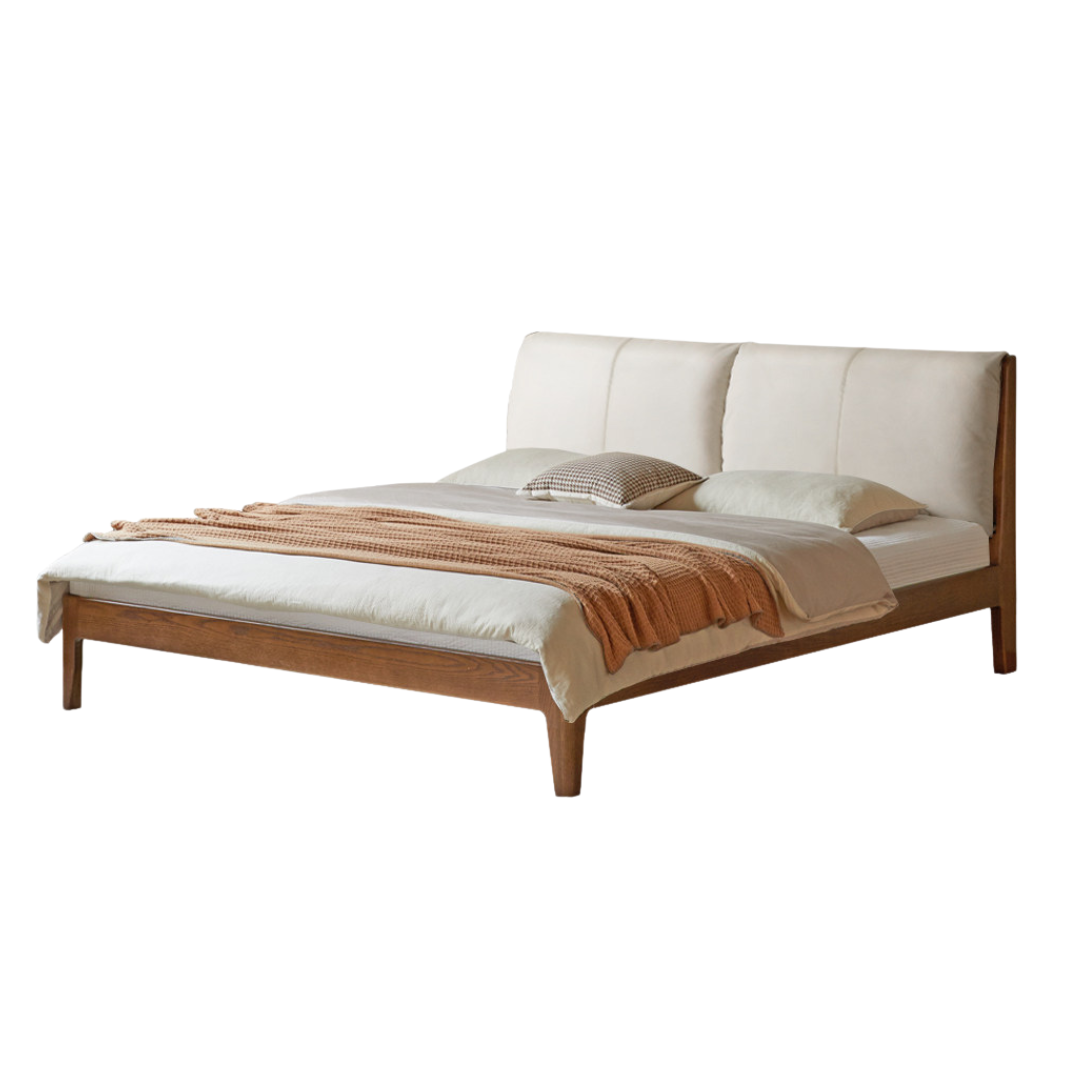 Oak Solid Wood Bed - Genuine Leather, Fabric Upholstered Soft