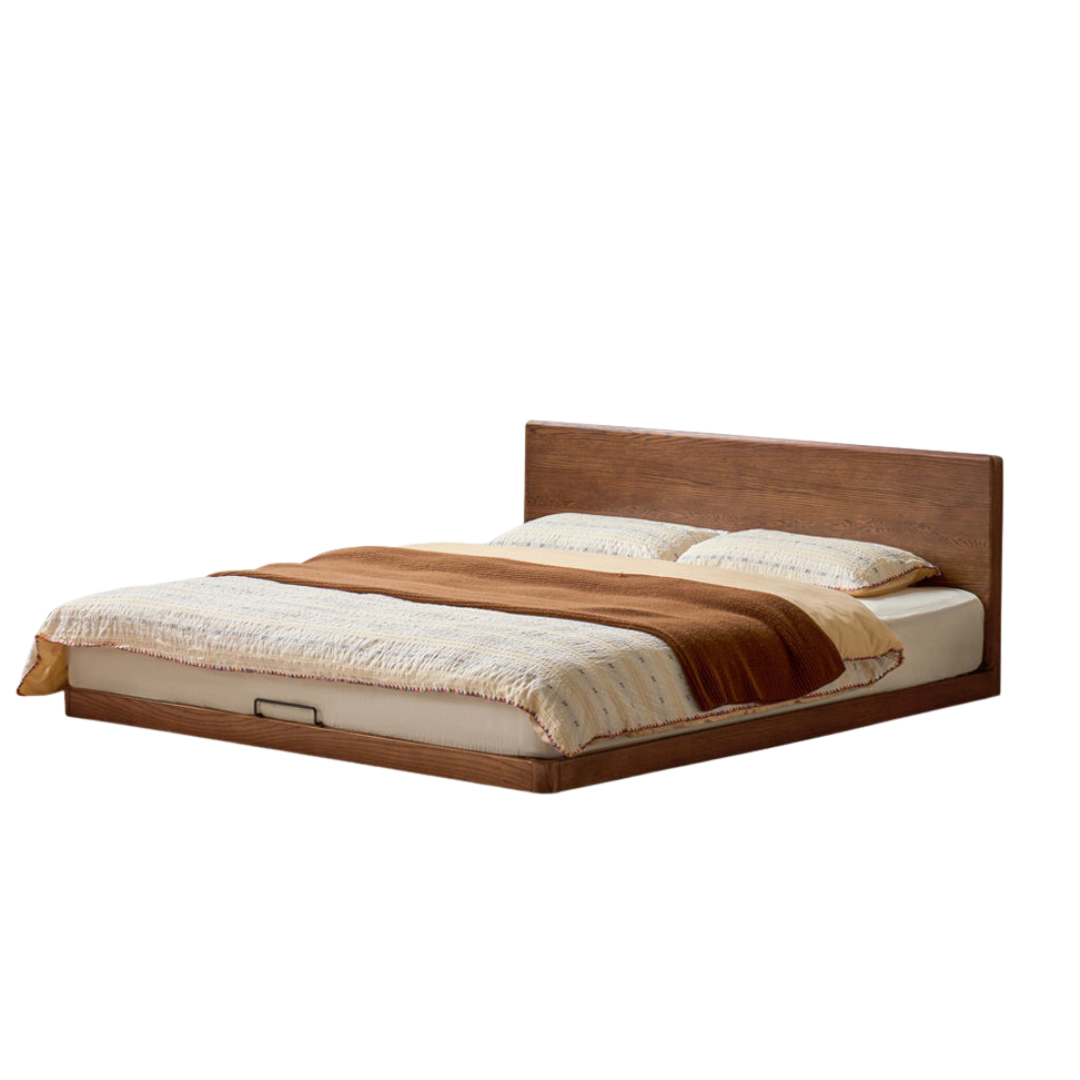 Oak Solid Wood Bed with Removable Headboard and Low Floor Design