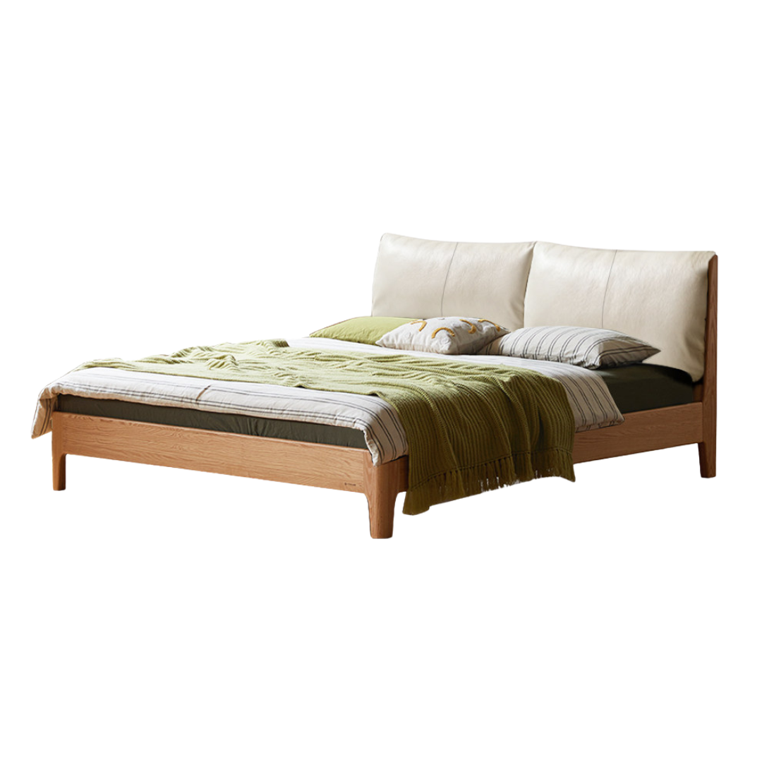 Beech, Oak, Black Walnut Solid Wood Bed — Fabric, Genuine Leather Upholstered