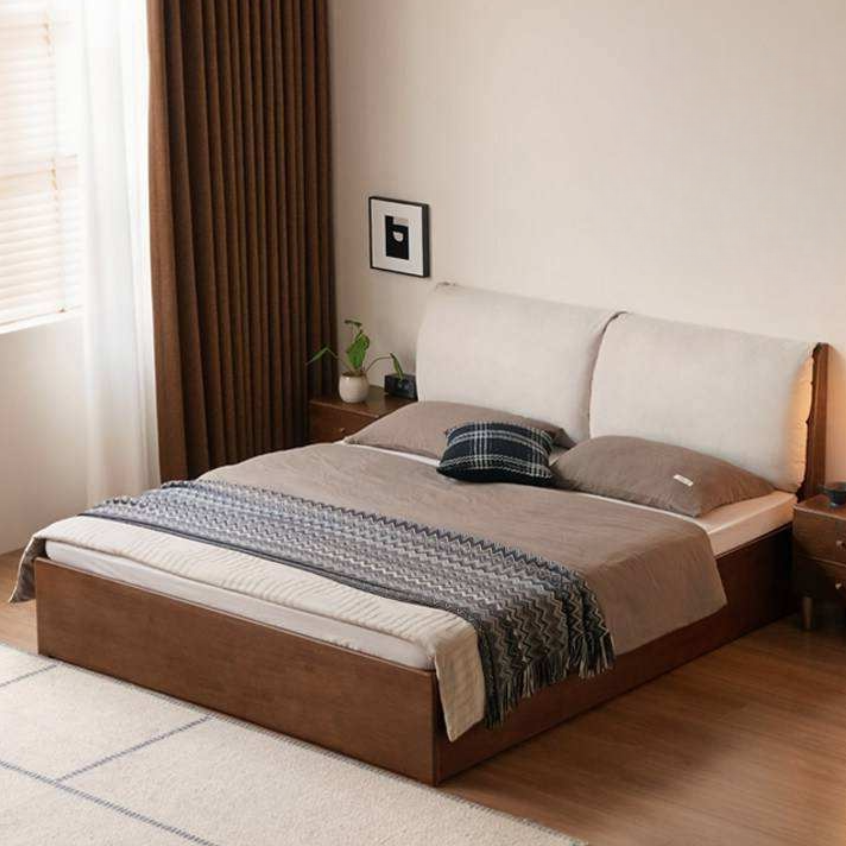 Rubberwood Solid Wood Storage Bed with Lift-Up Platform and Oversized Cushioned Headboard