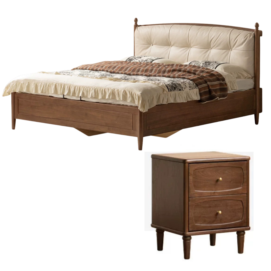 Black Walnut Solid Wood American Vintage Bed with Removable Headboard Cushion
