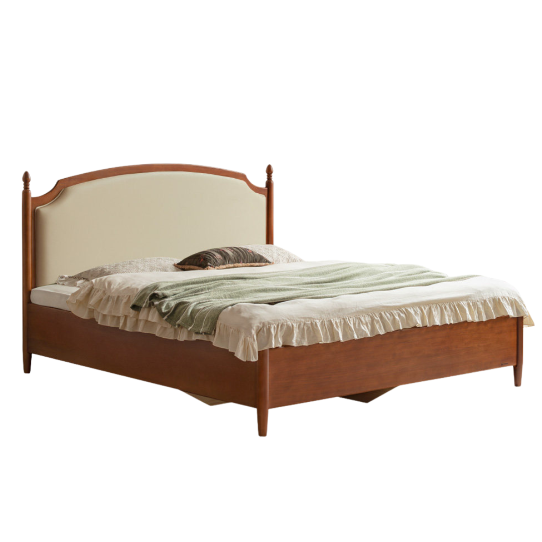 Poplar Solid Wood Bed – French Retro Design with Soft Fabric Upholstery