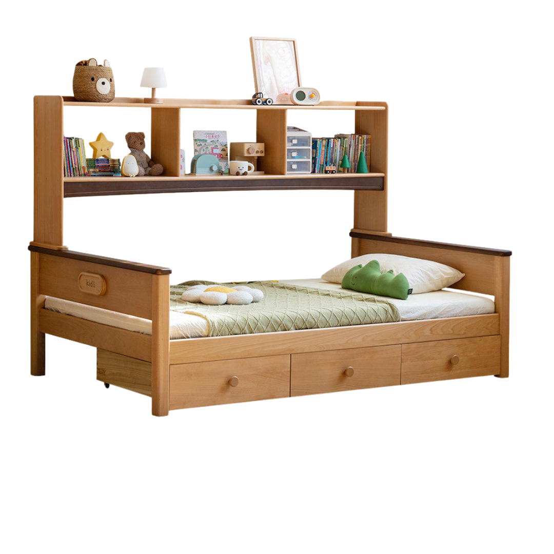 Beech Solid Wood Kids Bed with Bookcase Headboard and Pull-Out Trundle