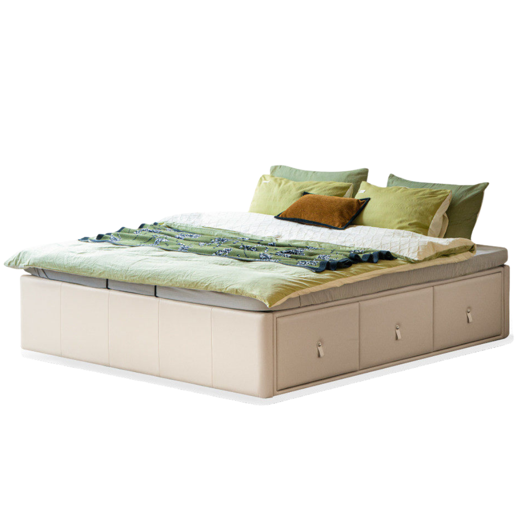 Upholstered Storage Platform Bed, Modern Minimalist White Eco Leather Tatami Bed with Box Storage