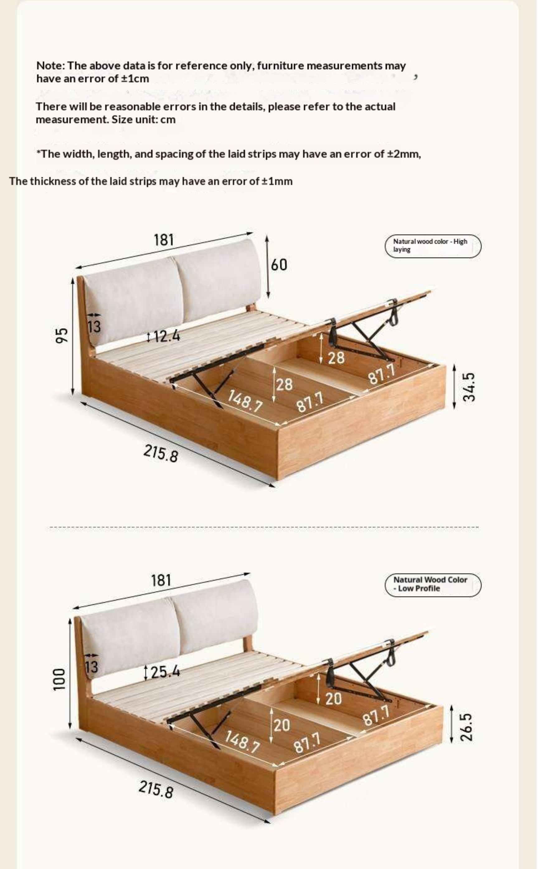 Rubberwood Solid Wood Storage Bed with Lift-Up Base and Soft Upholstered Headboard