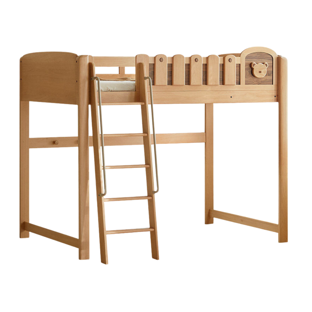 Beech Solid Wood L-Shaped Bunk Bed with Bookshelf Headboard and Detachable Guardrail
