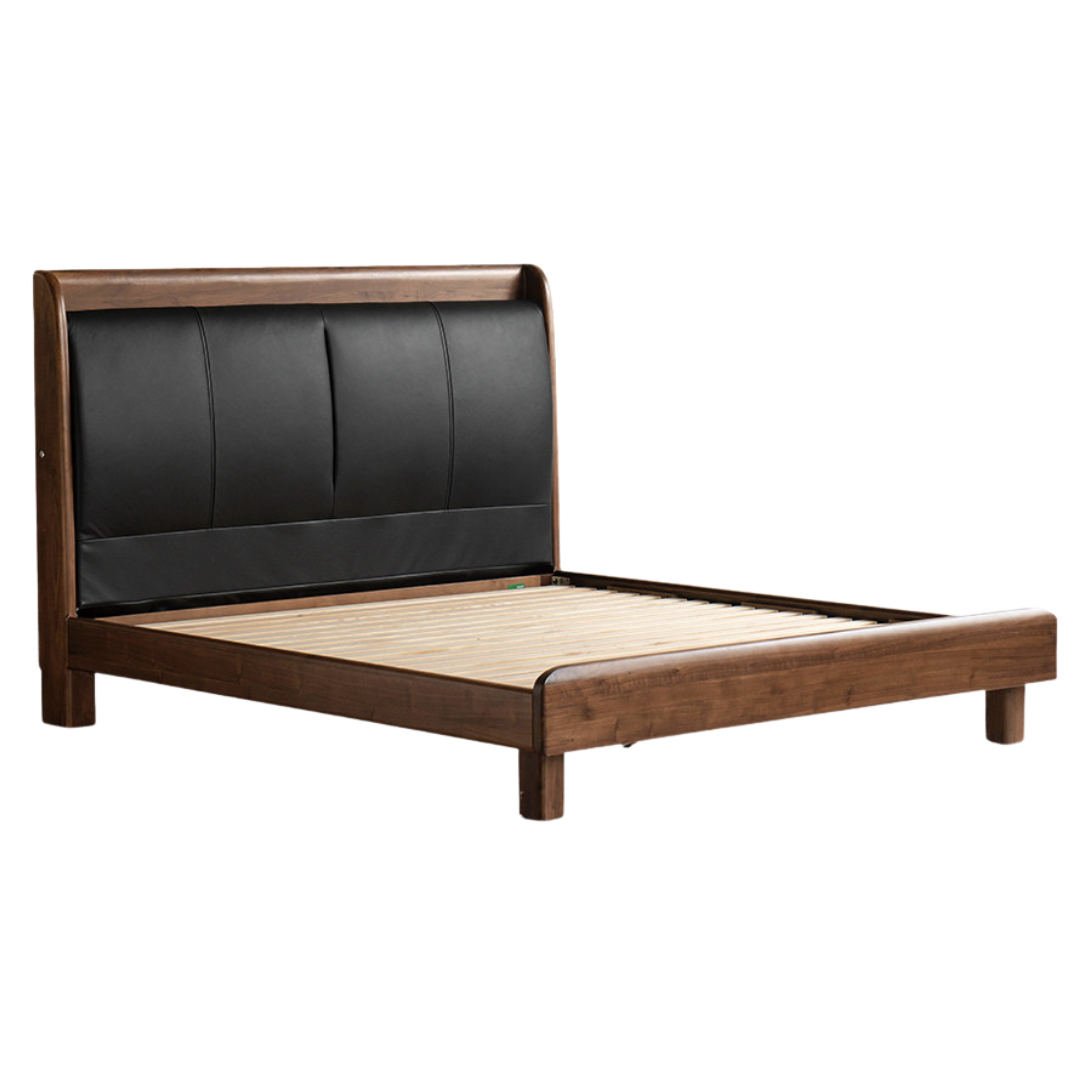 Black Walnut Solid Wood Genuine Leather Curved Leather Bed with Floating Base and LED Lighting