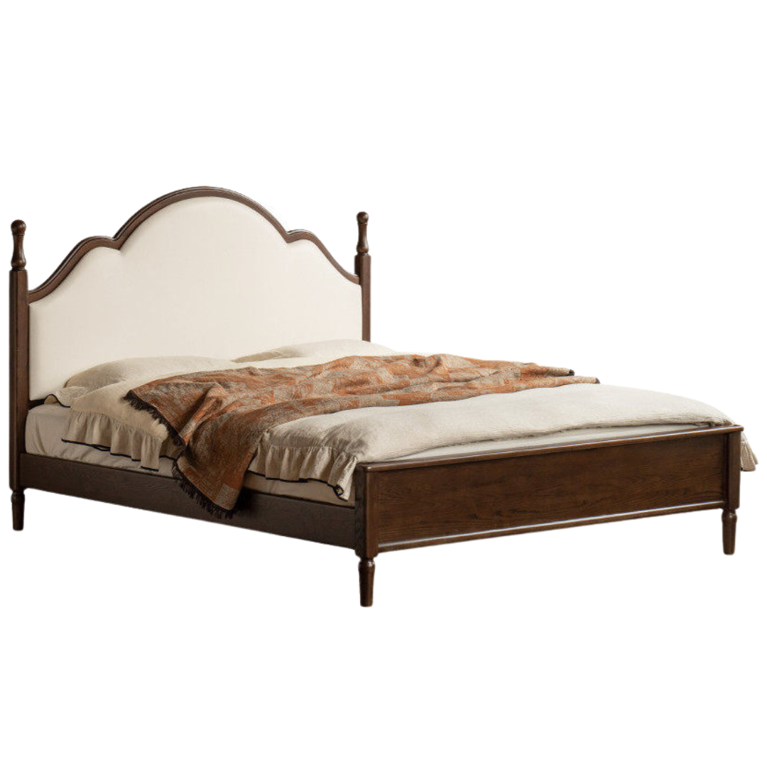 Ash Solid Wood Genuine Leather Bed with Tall Arched Headboard and Turned Finial Posts