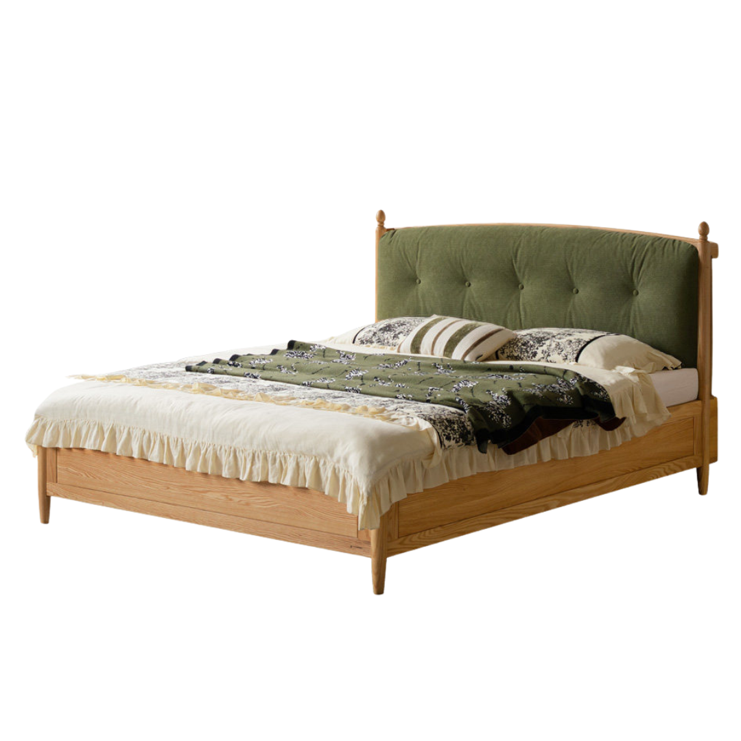 Oak,  Ash Solid Wood Bed — Modern Minimalist with Genuine Leather and Soft Headboard