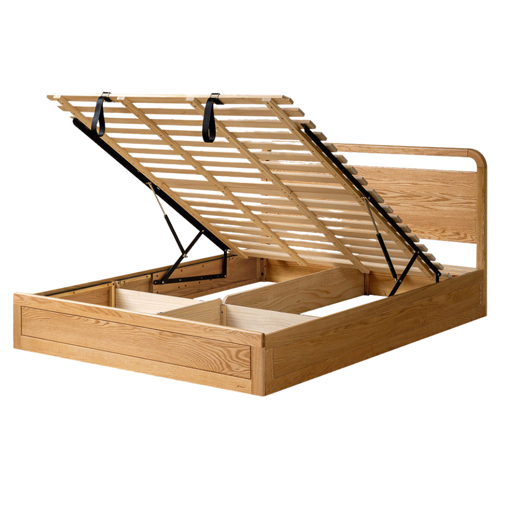 Oak, Rubberwood Solid Wood Storage Bed with Adjustable Height and Gas Lift