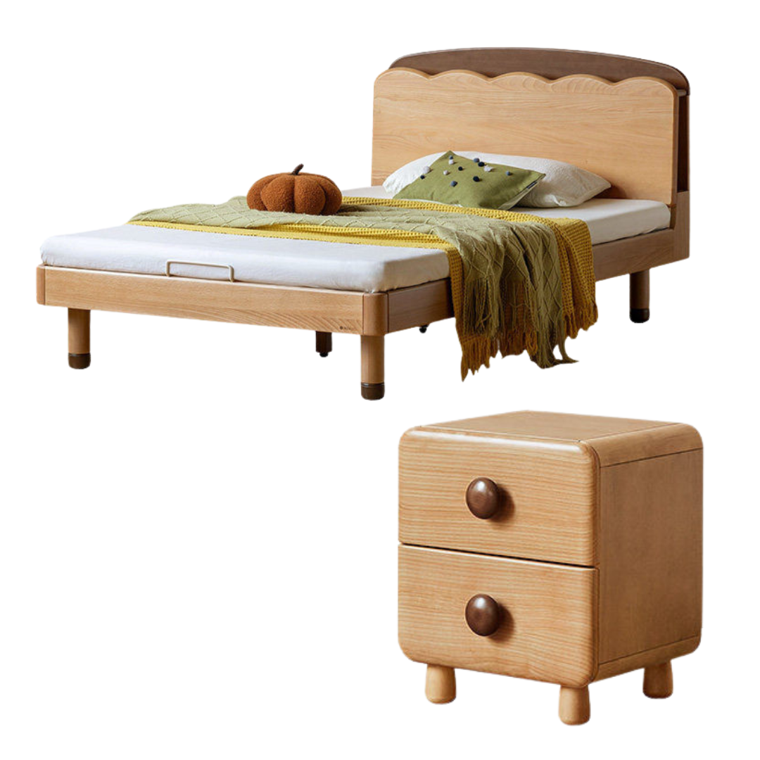Beech Solid Wood Kids Bed with Scalloped Headboard and Hidden Storage