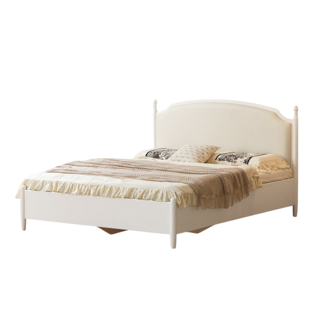 Rubberwood Solid Wood French Cream Storage Bed with Upholstered Headboard