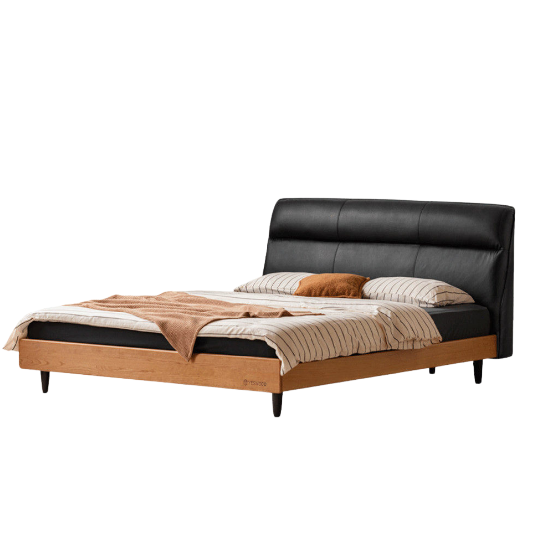 Cherry Solid Wood Genuine Leather Curved Upholstered Headboard Platform Bed