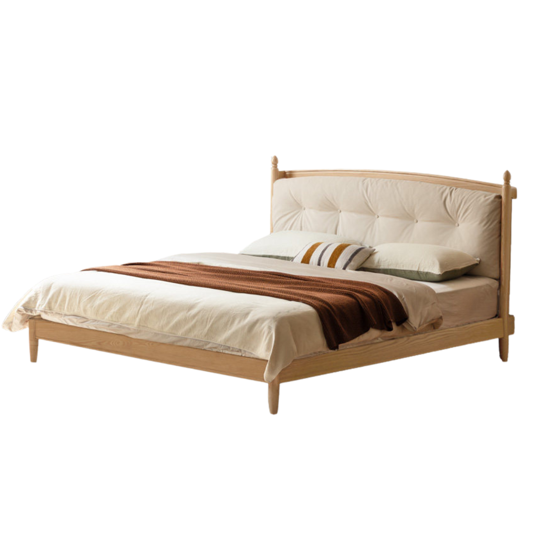 Oak,  Ash Solid Wood Bed — Modern Minimalist with Genuine Leather and Soft Headboard