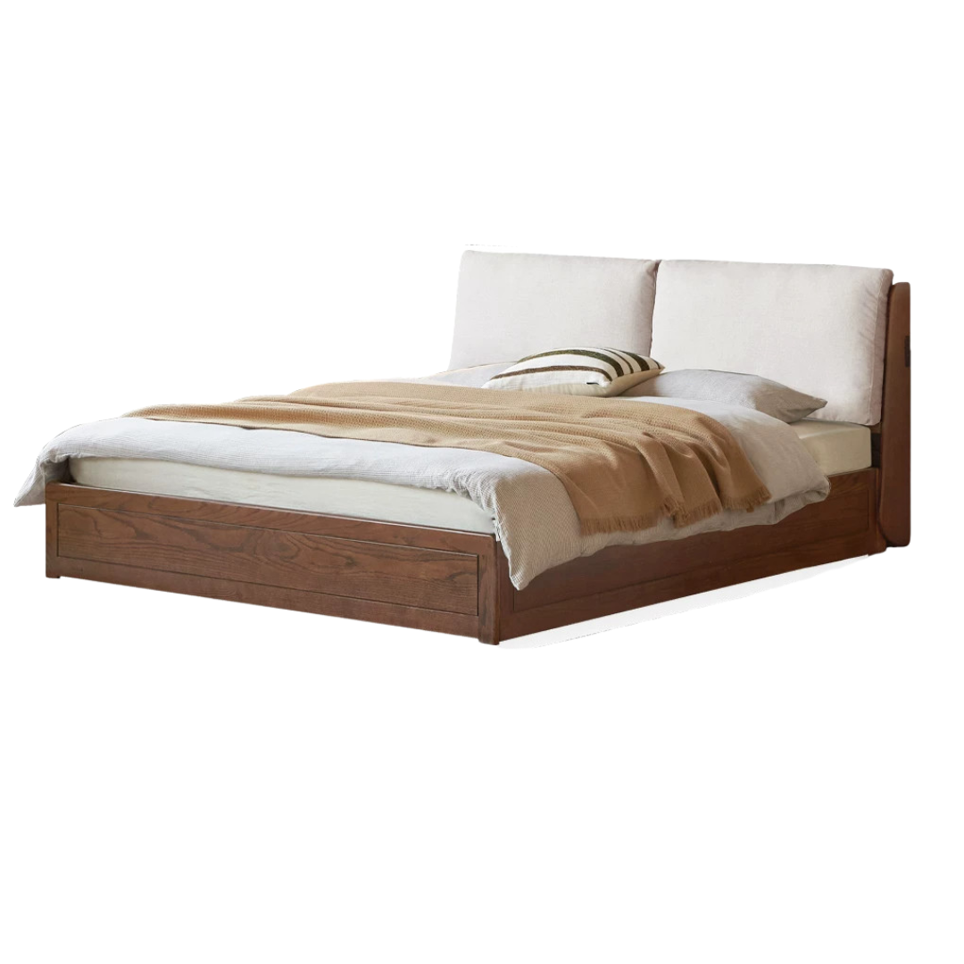 Oak Solid Wood Genuine Leather, Fabric Soft-Padded Box Bed