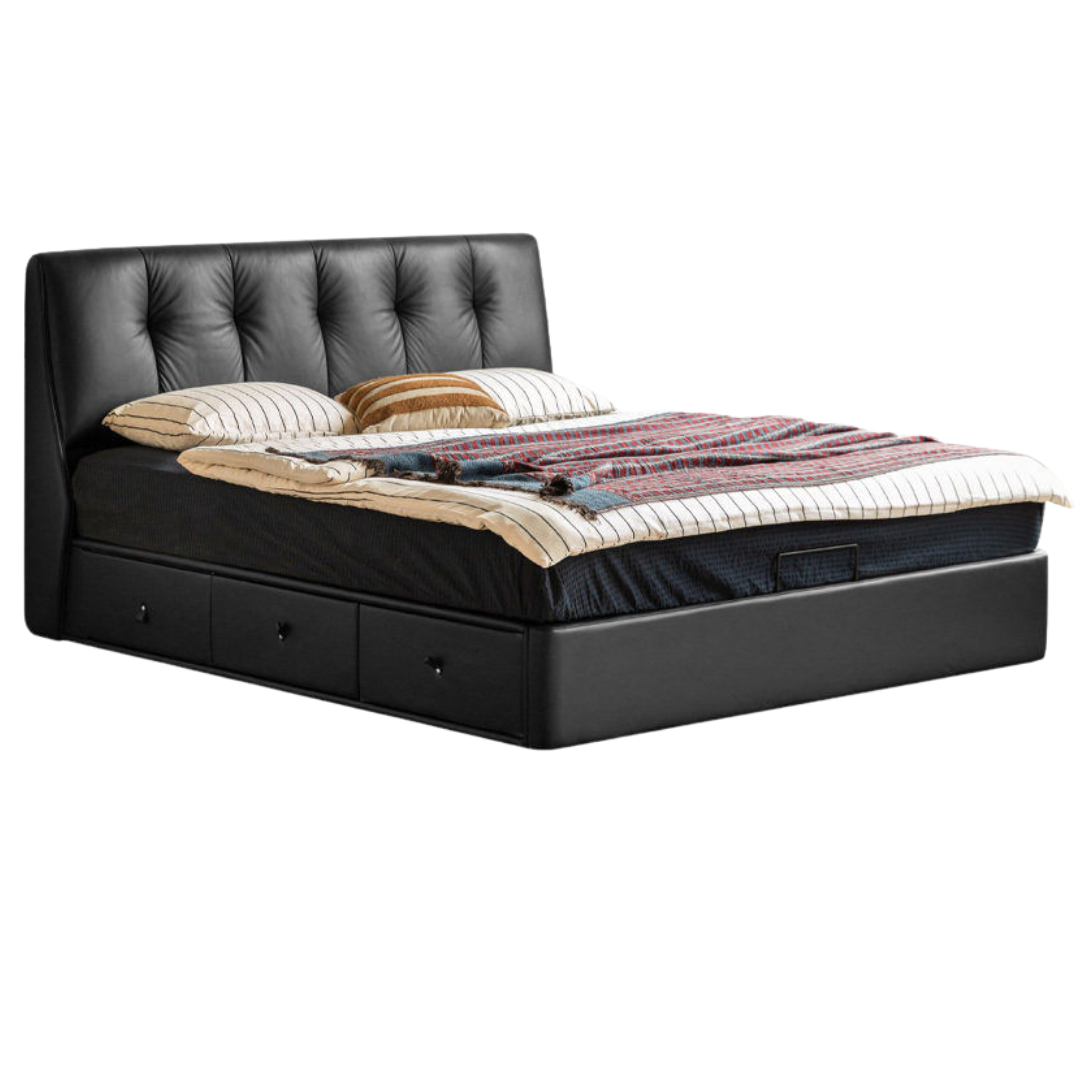 Genuine Leather Storage Bed with Tufted Headboard and Drawers