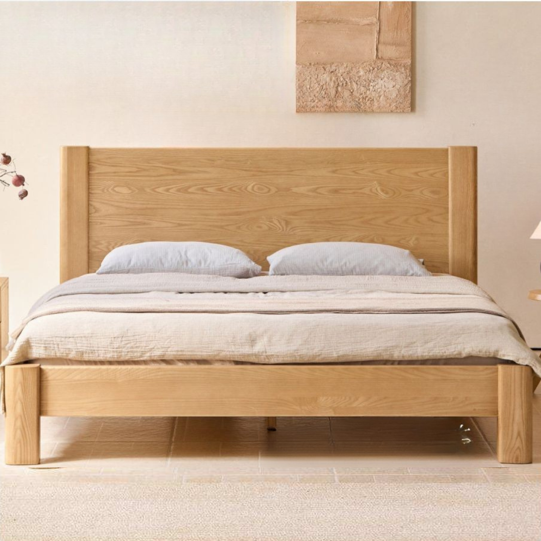 White Ash Solid Wood Platform Bed with Tall Flat Panel Headboard