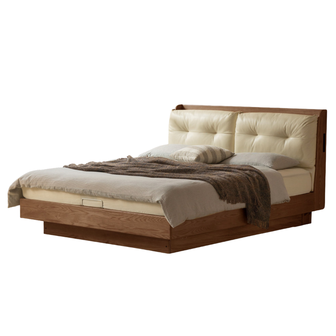 Ash Solid Wood Genuine Leather Upholstered Storage Bed with Electric Lift and LED Lighting