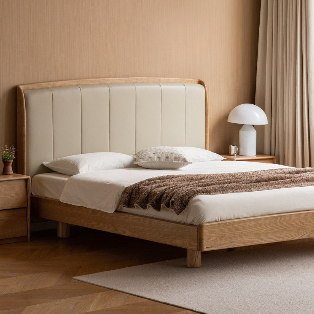 Ash Solid Wood Genuine  Leather High Soft Back Bed