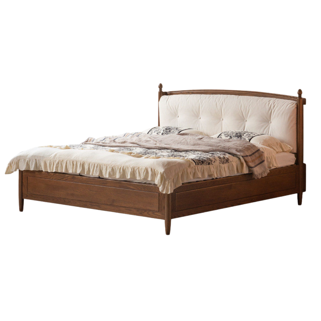 Oak Solid Wood French Country Tufted Storage Bed with Gas Lift and Turned Posts