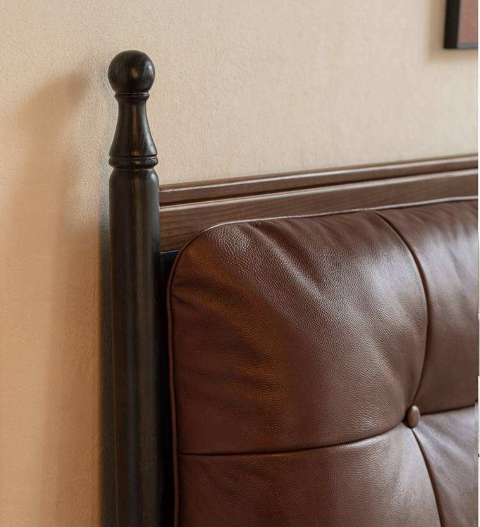 Black Walnut Solid Wood Leather Four Poster Bed with Tufted Headboard