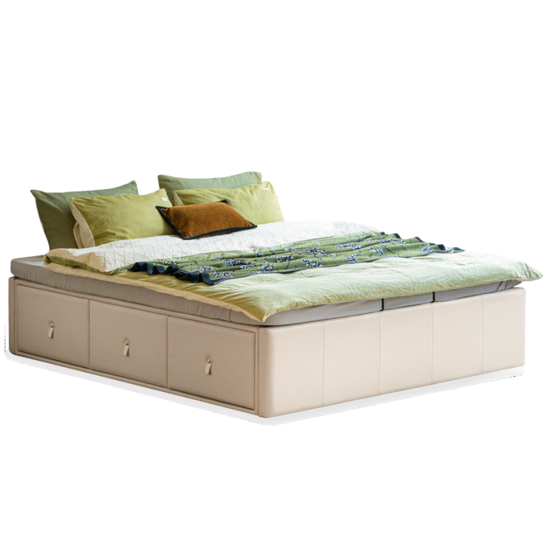Upholstered Storage Platform Bed, Modern Minimalist White Eco Leather Tatami Bed with Box Storage