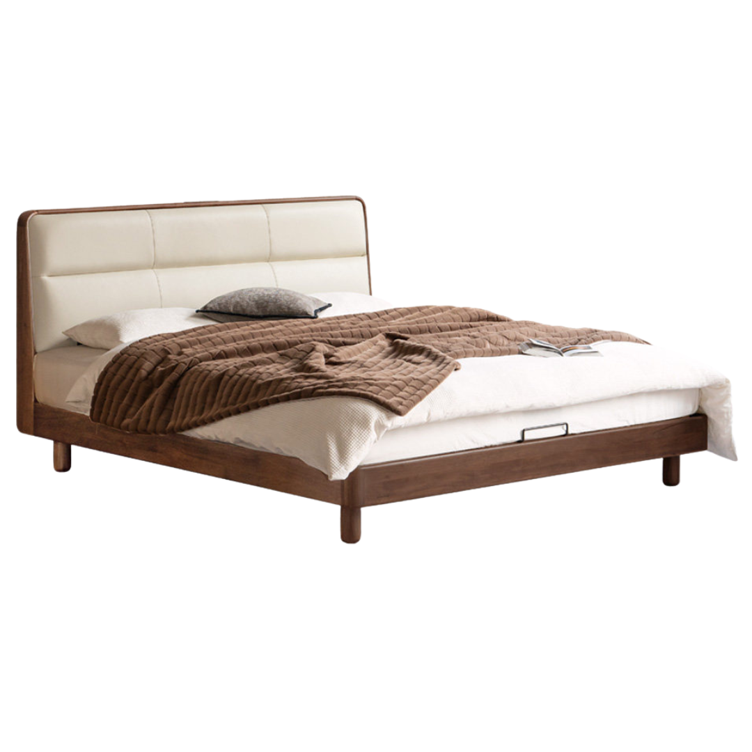 Black Walnut, Sandalwood, Сatalpa Solid Wood Luxury Genuine Leather Bed