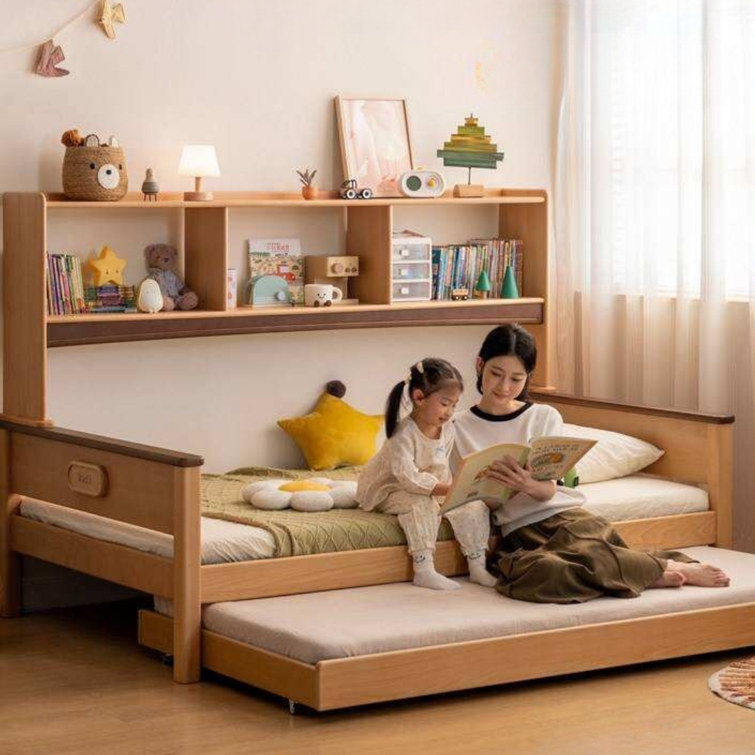 Beech Solid Wood Kids Bed with Bookcase Headboard and Pull-Out Trundle
