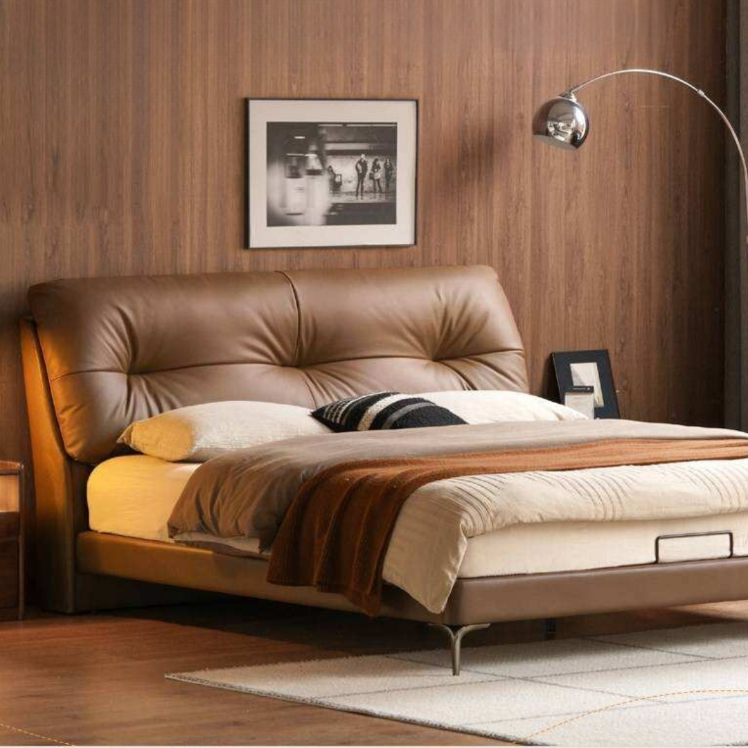 Genuine Leather Platform Bed with Curved Tufted Headboard and Tapered Metal Legs