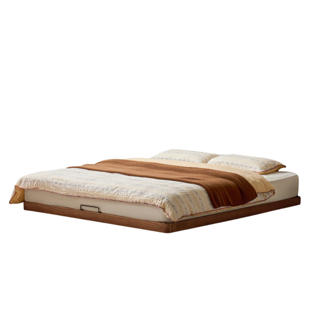 Oak Solid Wood Bed with Removable Headboard and Low Floor Design