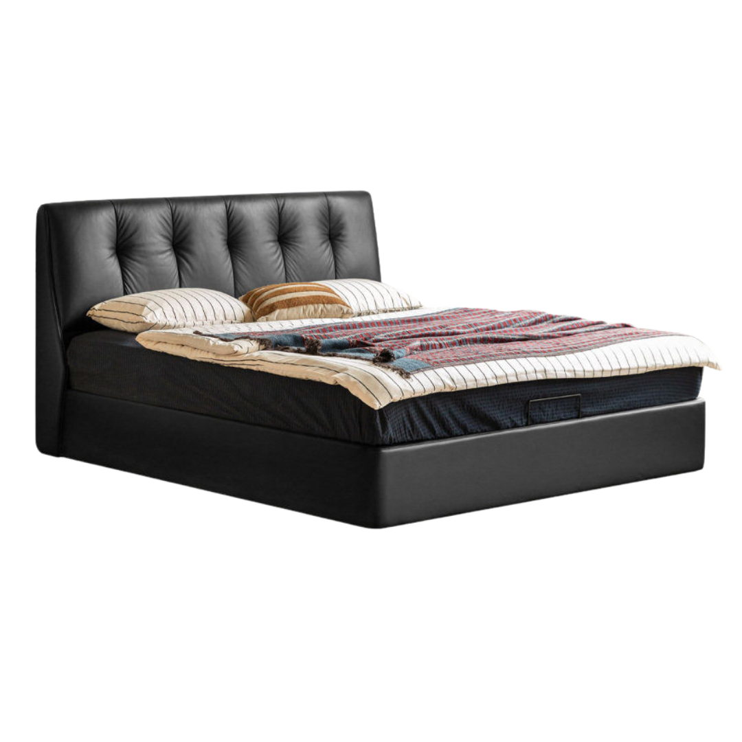 Genuine Leather Storage Bed with Tufted Headboard and Drawers