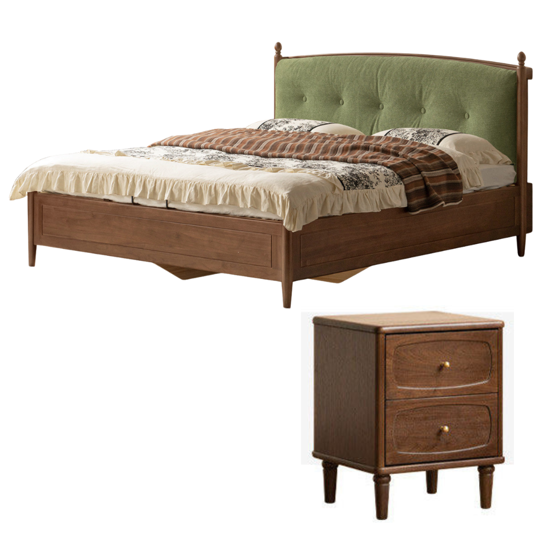 Black Walnut Solid Wood Four Poster Storage Bed with Tufted Headboard and Gas Lift