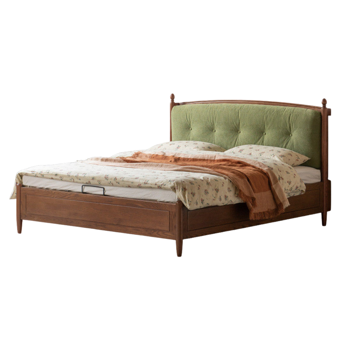 Oak Solid Wood French Country Tufted Storage Bed with Gas Lift and Turned Posts