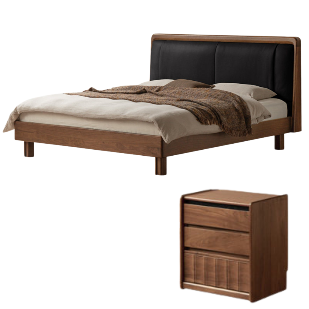 Black Walnut Solid Wood Italian Genuine Leather Bed with Down-Filled Upholstered Headboard
