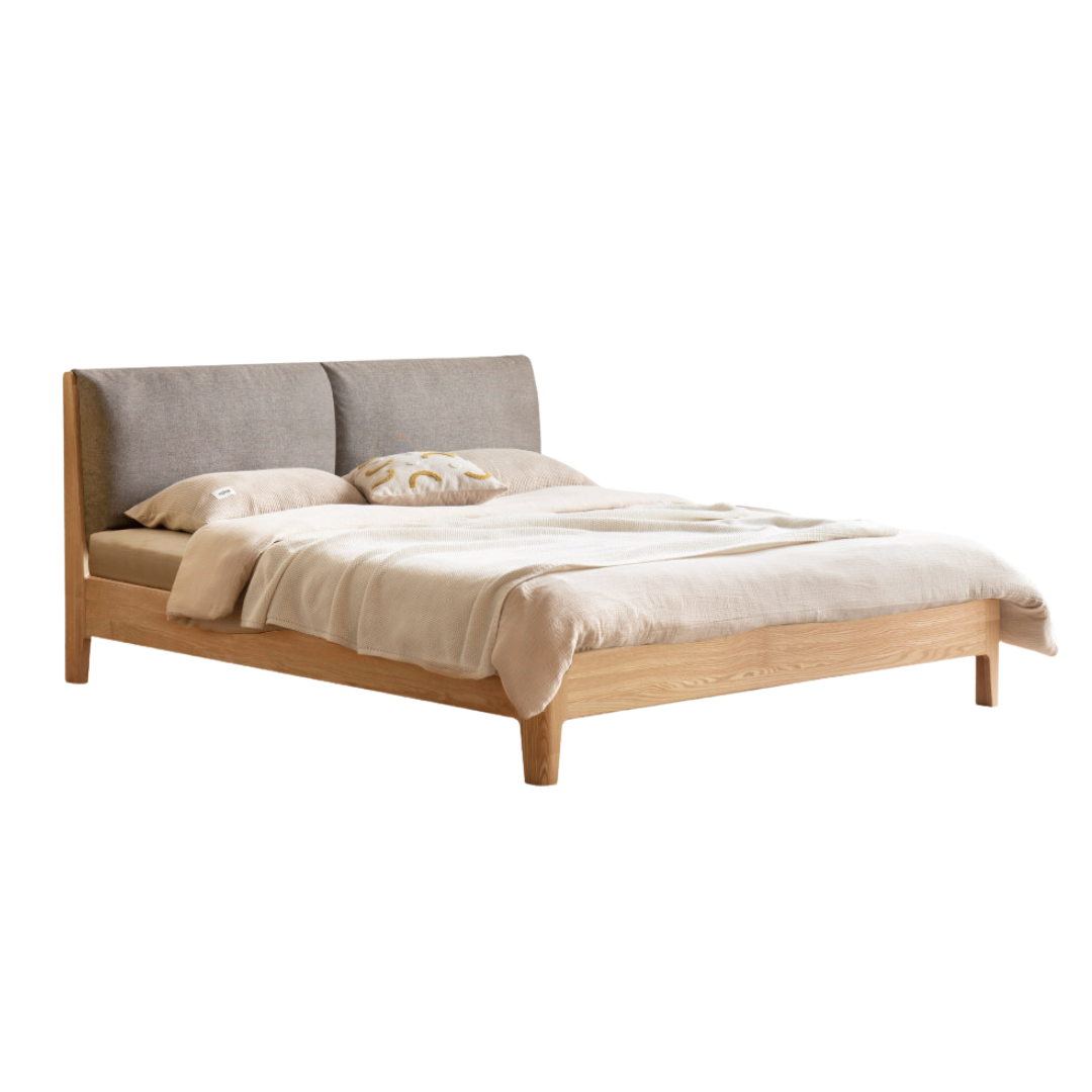 Beech, Oak, Black Walnut Solid Wood Bed — Fabric, Genuine Leather Upholstered