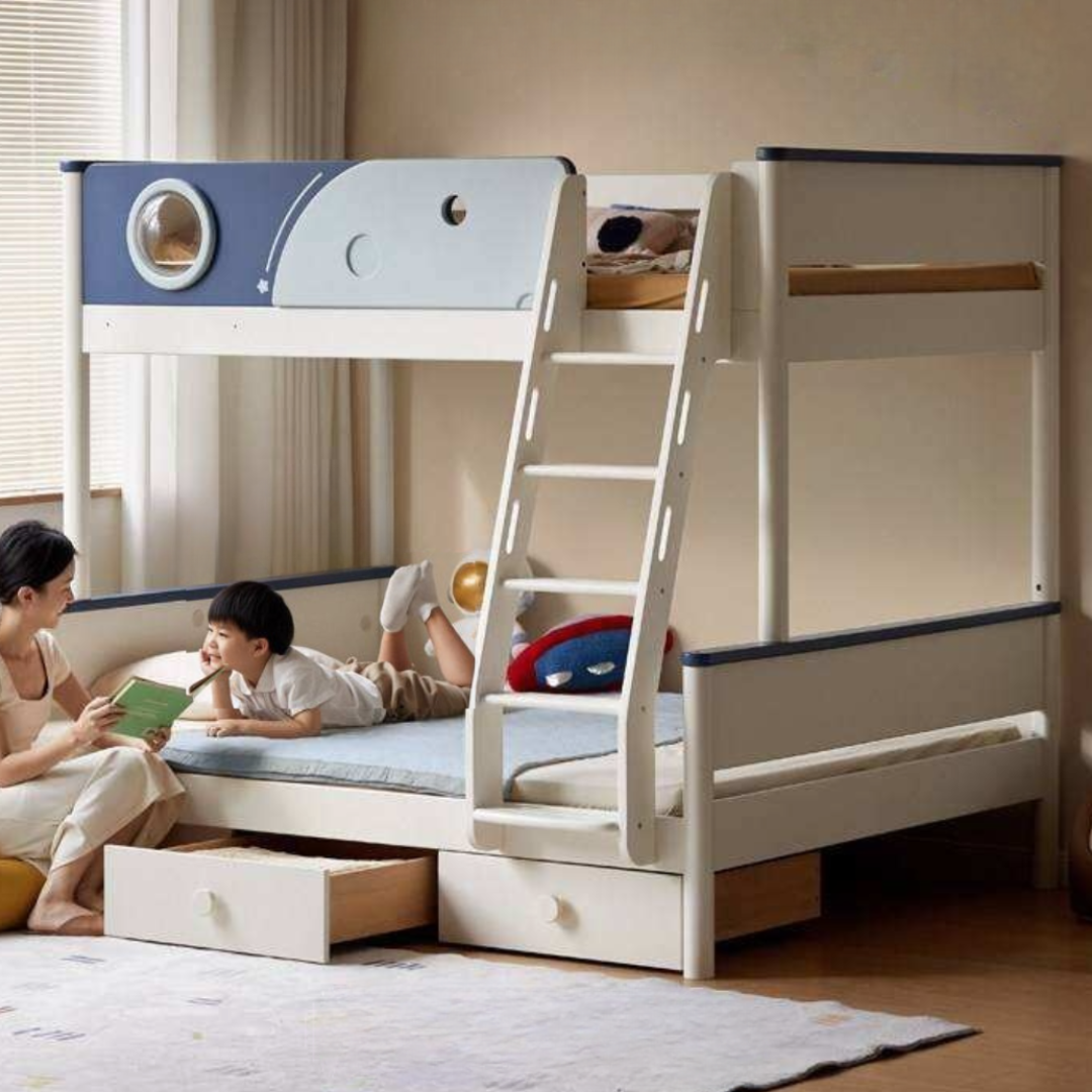 Rubberwood Solid Wood Spaceship-Themed Bunk Bed with Porthole Window
