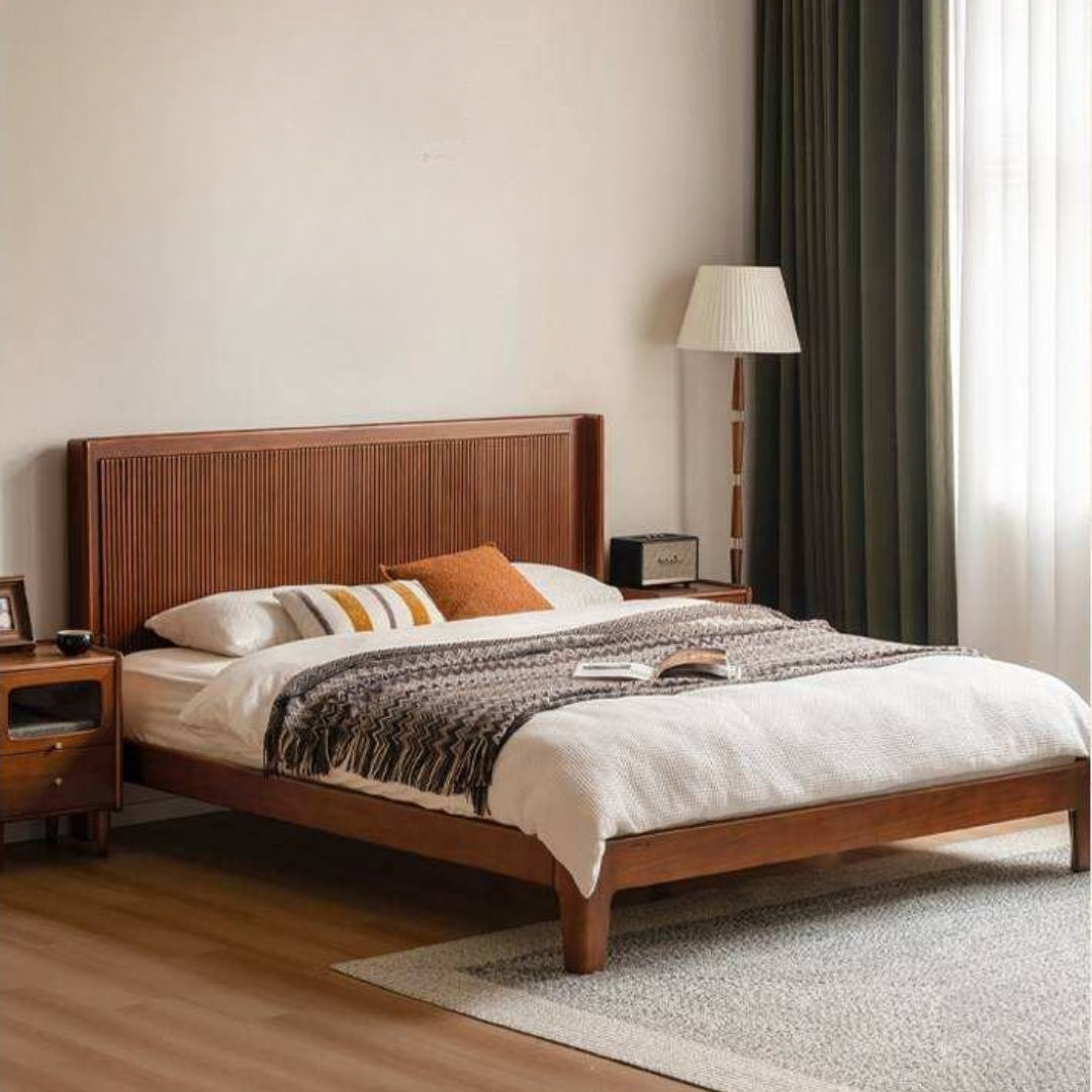 North American Tulipwood Solid Wood Platform Bed with Reeded Headboard