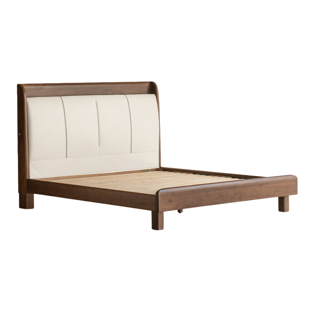 Black Walnut Solid Wood Genuine Leather Curved Leather Bed with Floating Base and LED Lighting