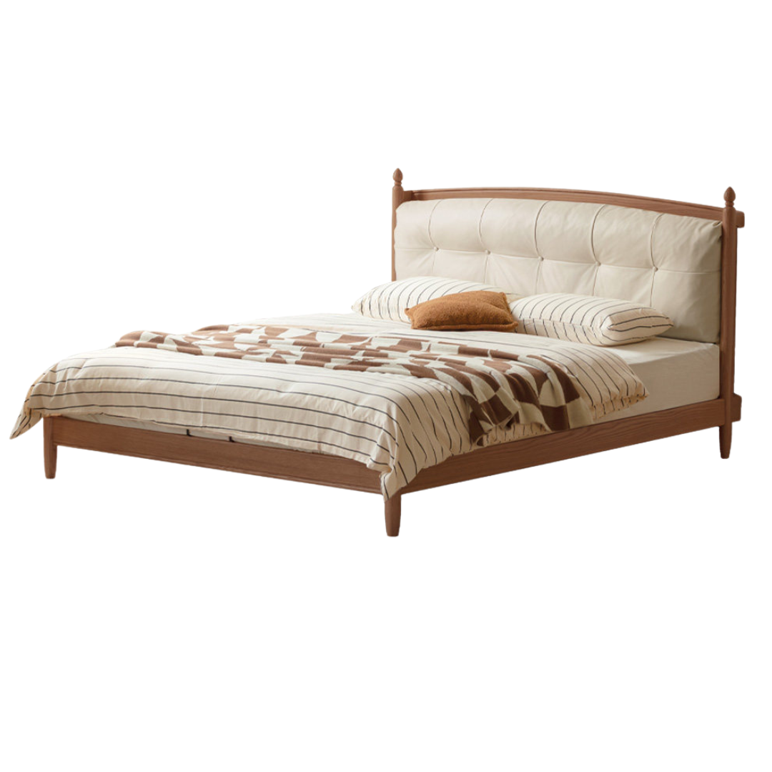 Oak,  Ash Solid Wood Bed — Modern Minimalist with Genuine Leather and Soft Headboard