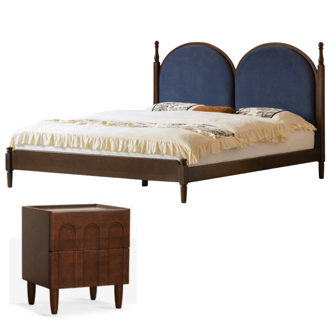 Poplar Solid Wood Bed with Double Arched Upholstered Headboard and Turned Wood Posts