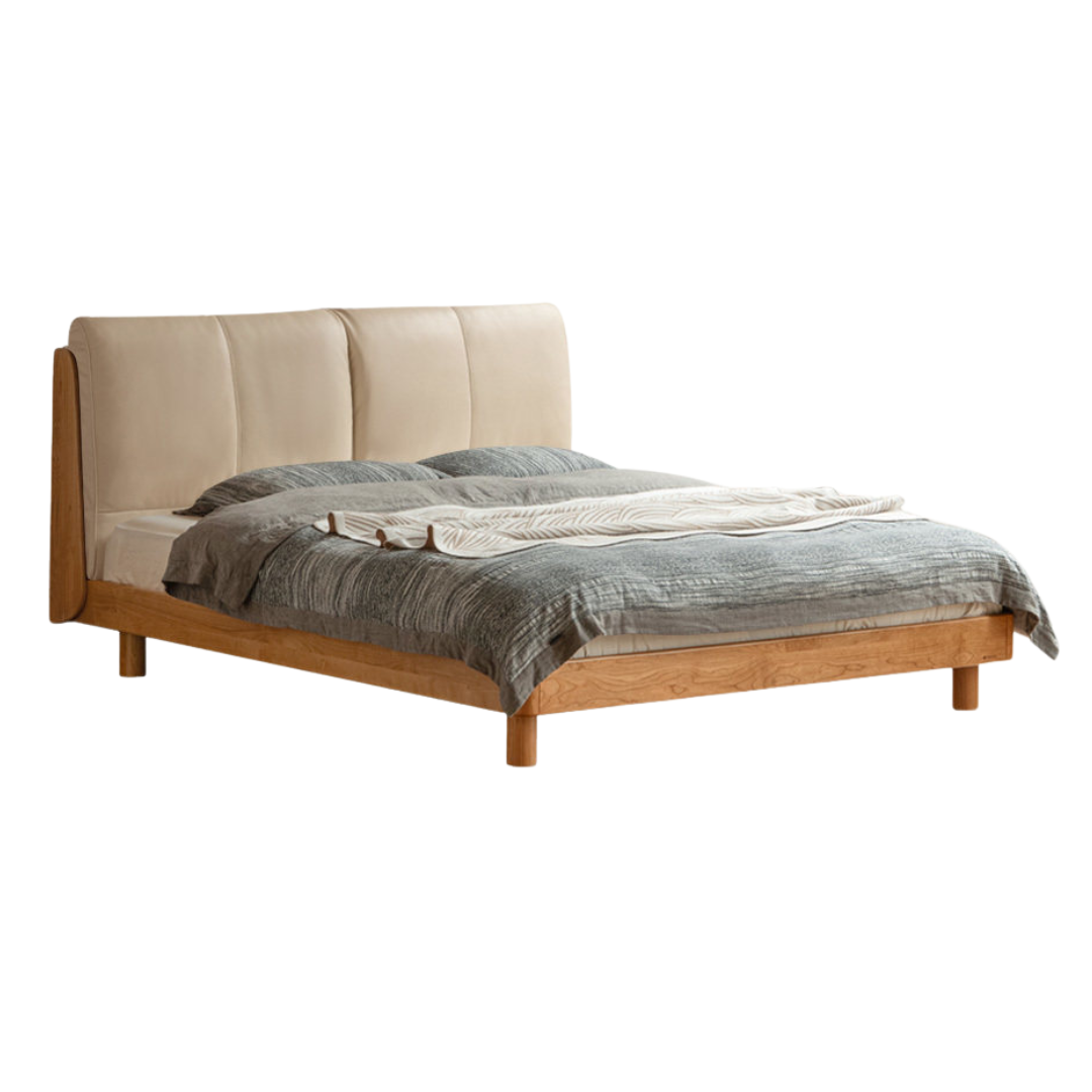 Cherry Solid Wood Bed with Genuine Leather Upholstered Headboard and LED Lighting